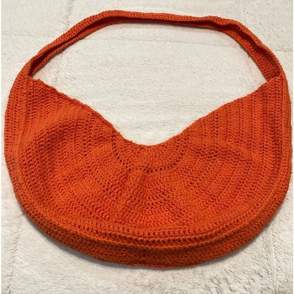 Hand Crafted, Crocheted Orange‎ Half Moon Bag EUC
